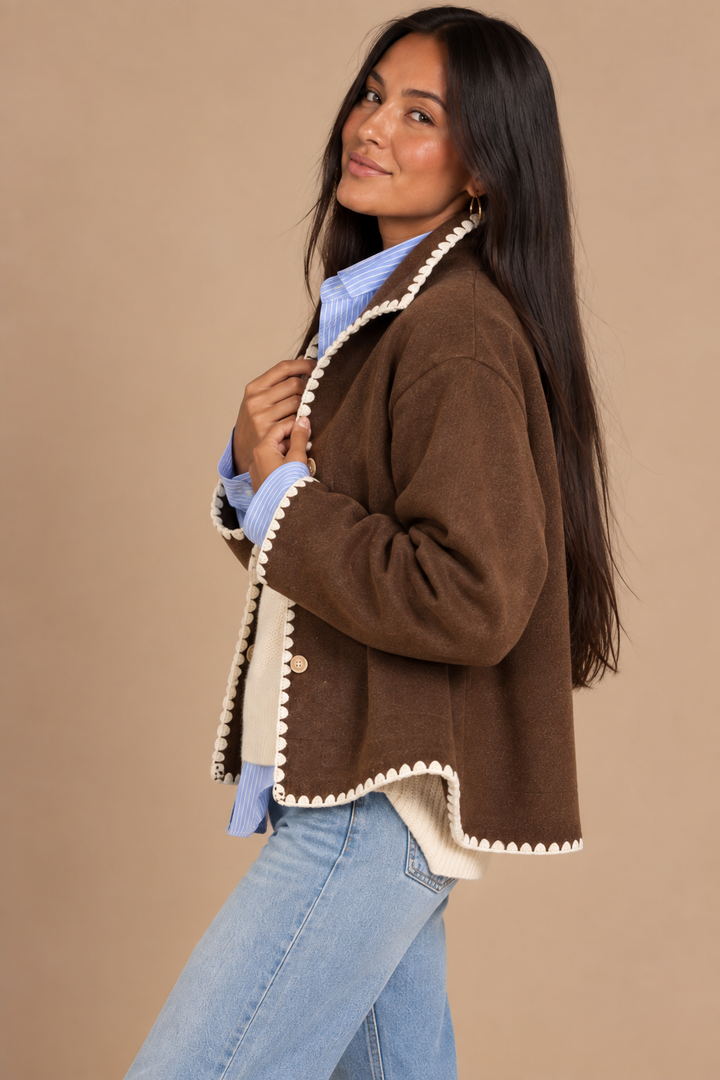 Corey High Collar Blanket Stitch Hem Felt Jacket