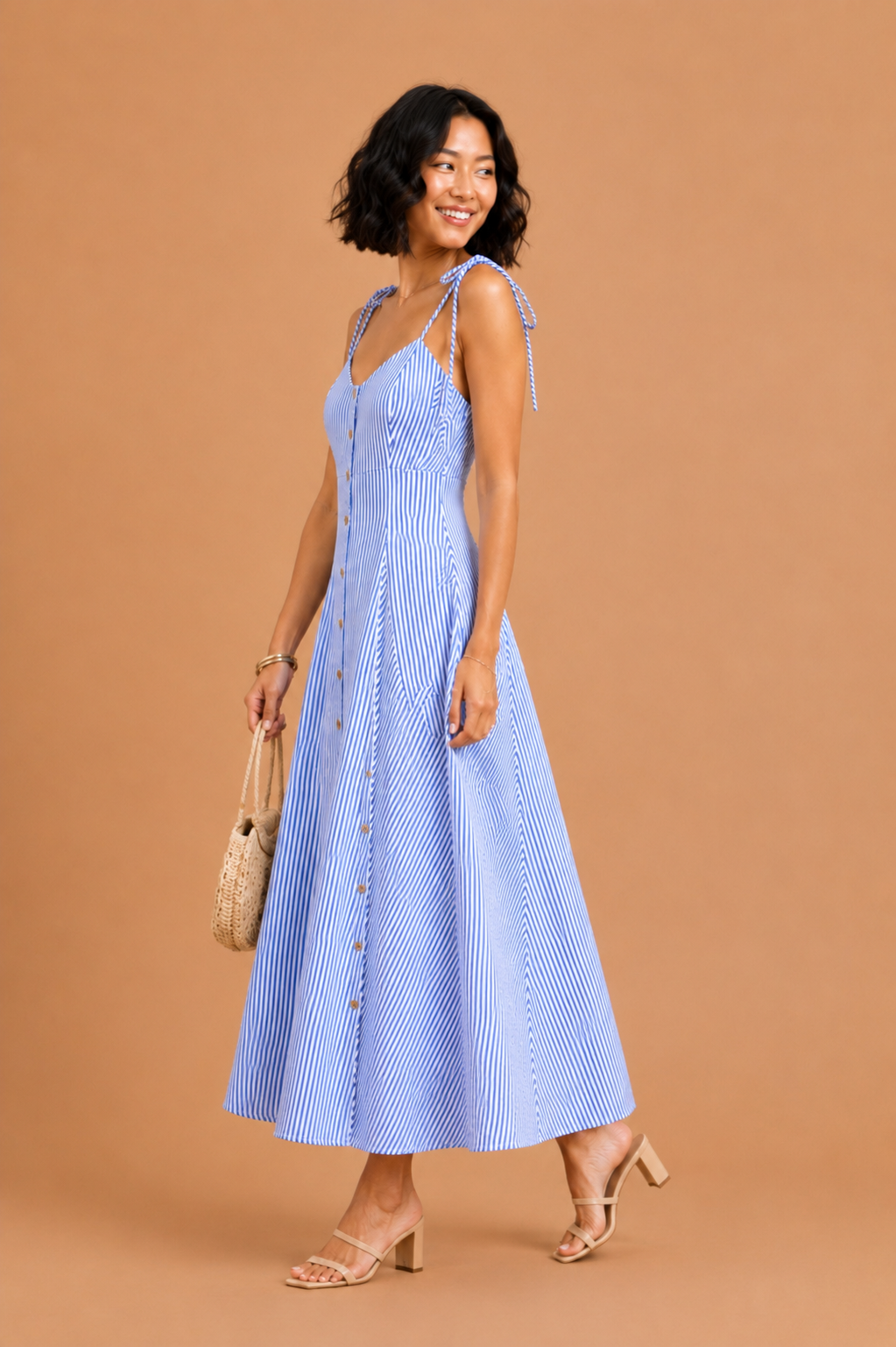 Quinn Coastal Striped Tie Shoulder Button Front Midi Dress