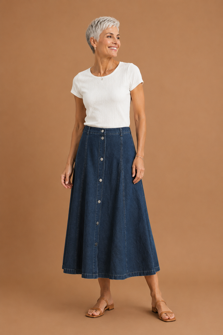 Ida Button Down Denim Midi Skirt