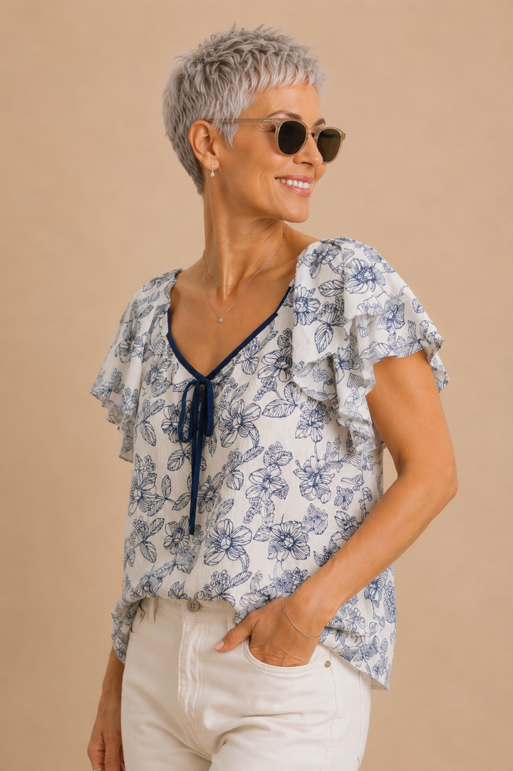 Adeline Sunlit Floral Ruffle Sleeve Crinkled Top
