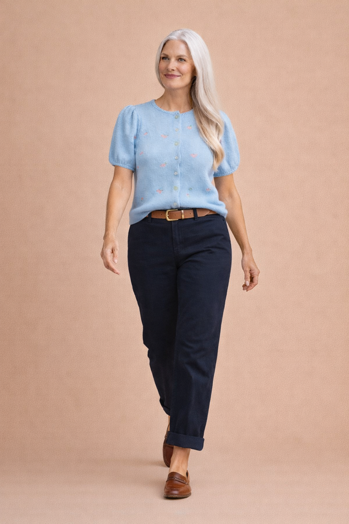 Freya Floral Embroidered Puff Sleeve Button Down Knit Top