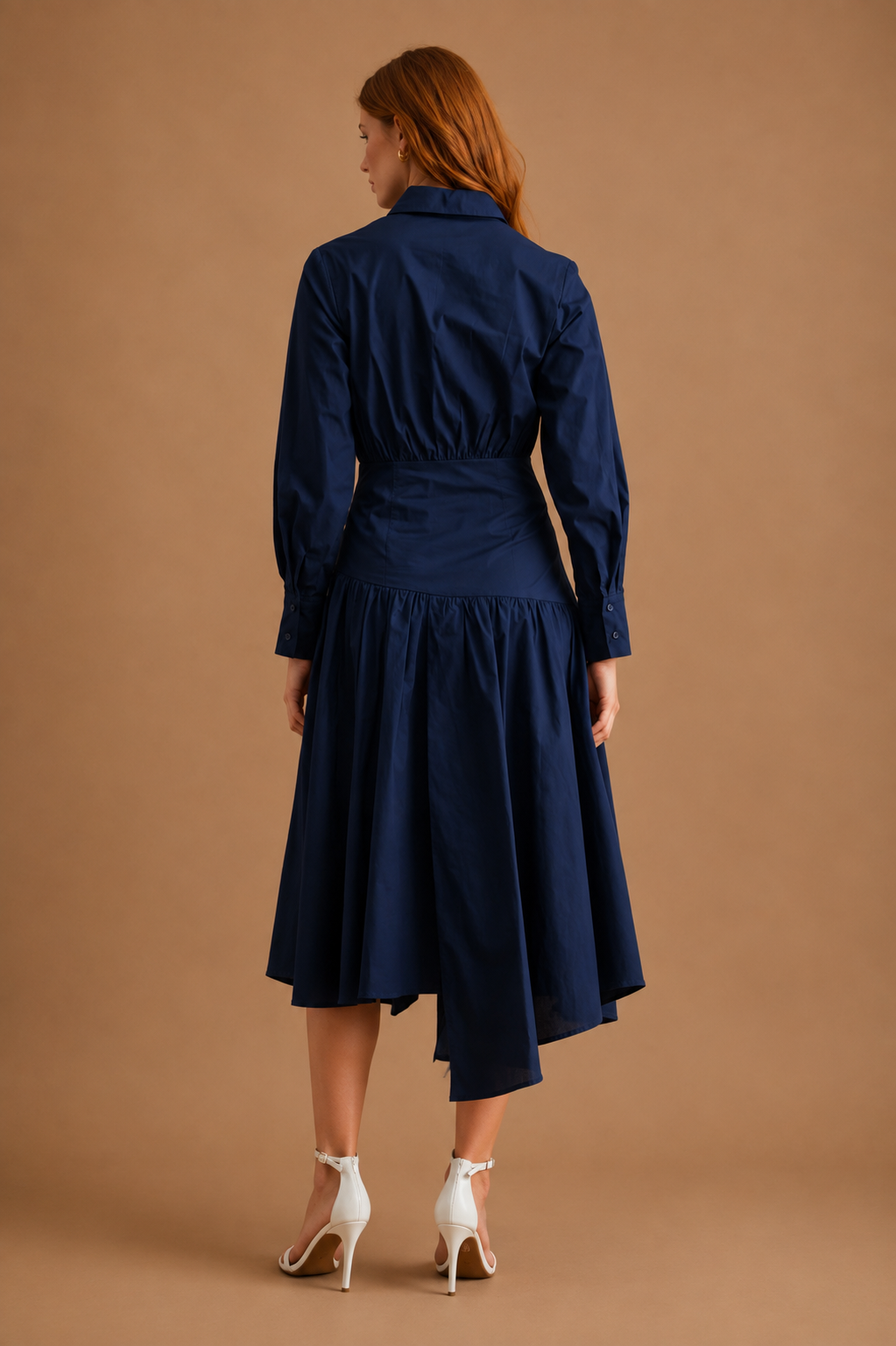 Priscilla Poplin Asymmetric Button Down Shirred Shirt Midi Dress