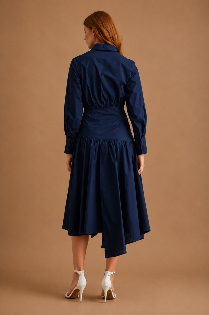 Priscilla Poplin Asymmetric Button Down Shirred Shirt Midi Dress