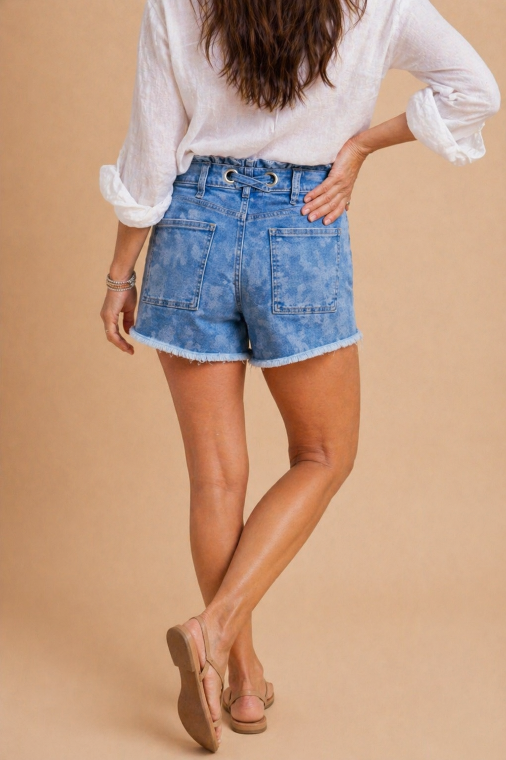 Zoe Daisy Print Drawstring Waist Stretch Denim Shorts