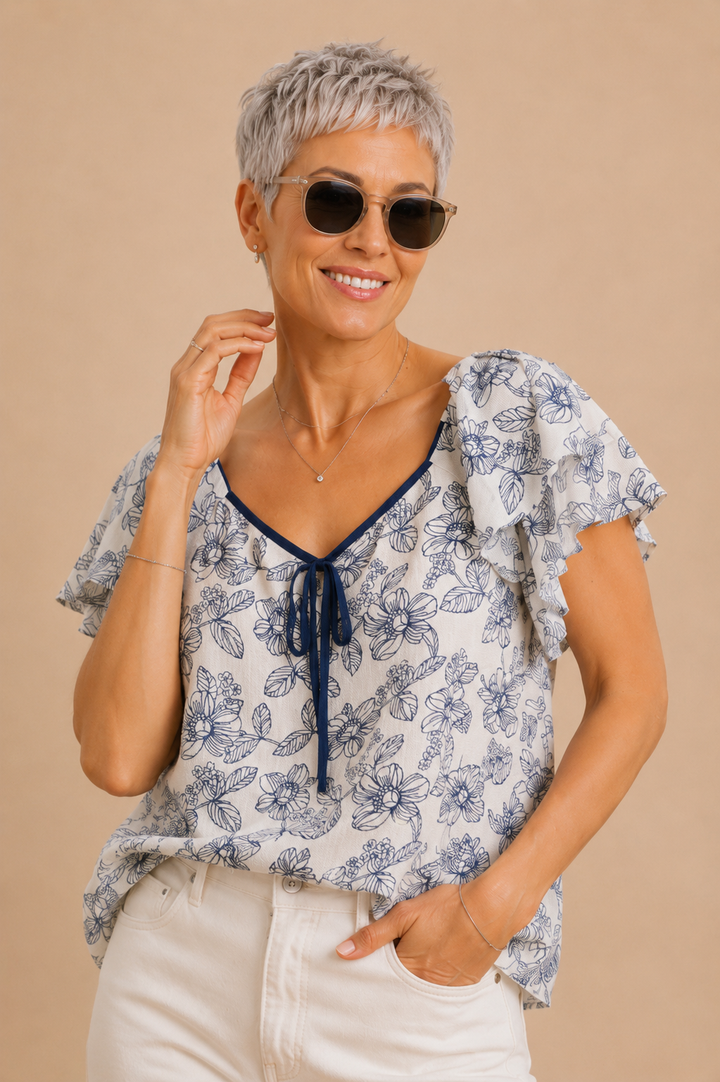 Adeline Sunlit Floral Ruffle Sleeve Crinkled Top