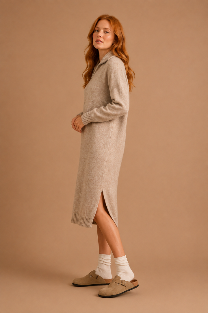 Helena Knit Ribbed Trim Half-Zip Collar Side Slits Midi Sweater Dress