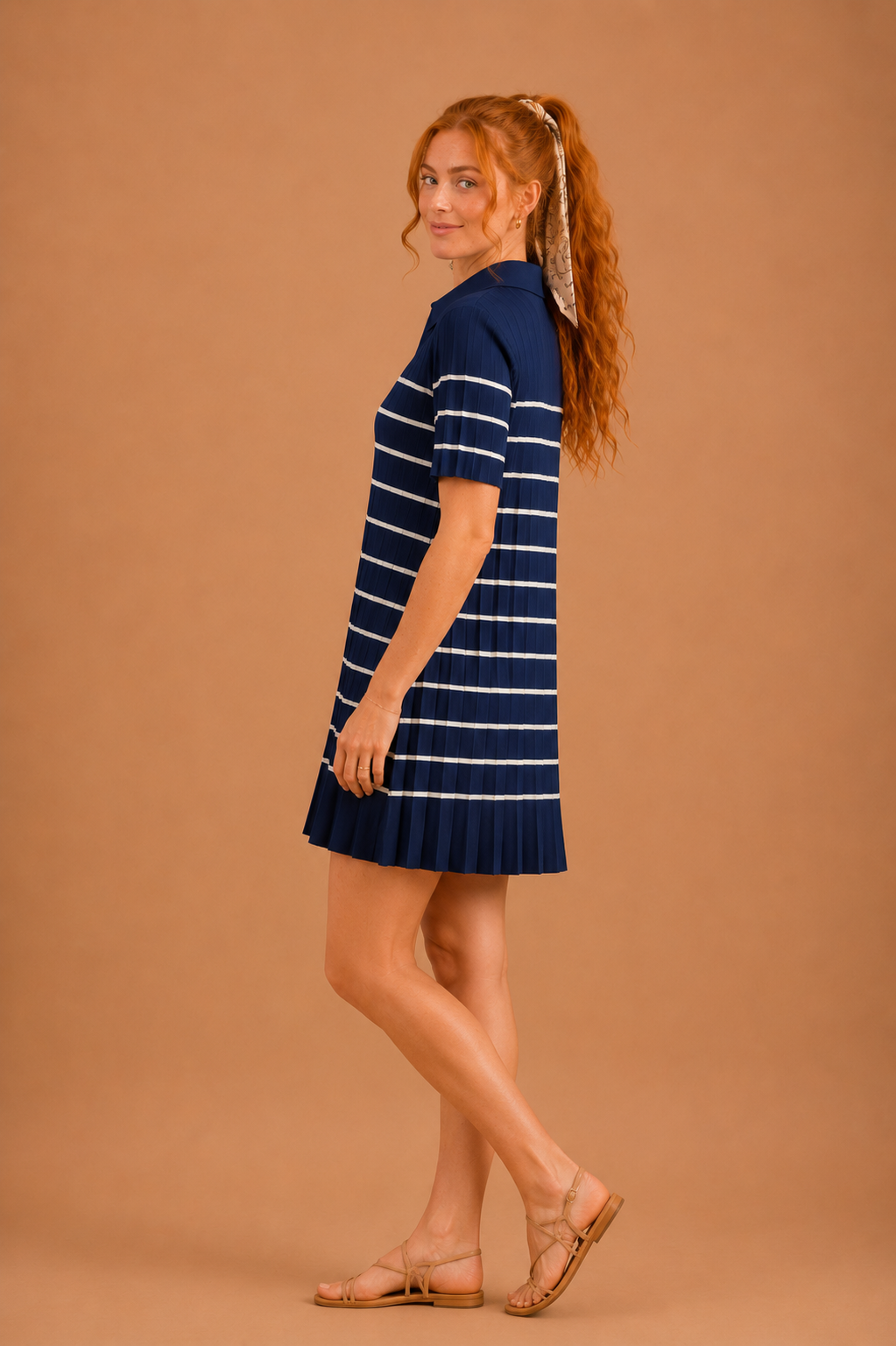 Ava Striped Pattern Pleated Knit Mini Dress