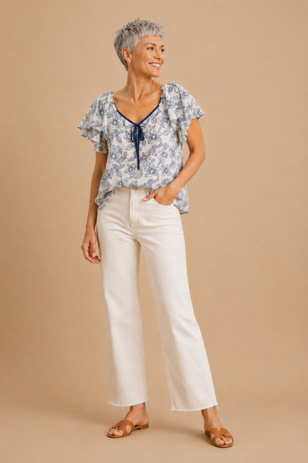 Adeline Sunlit Floral Ruffle Sleeve Crinkled Top