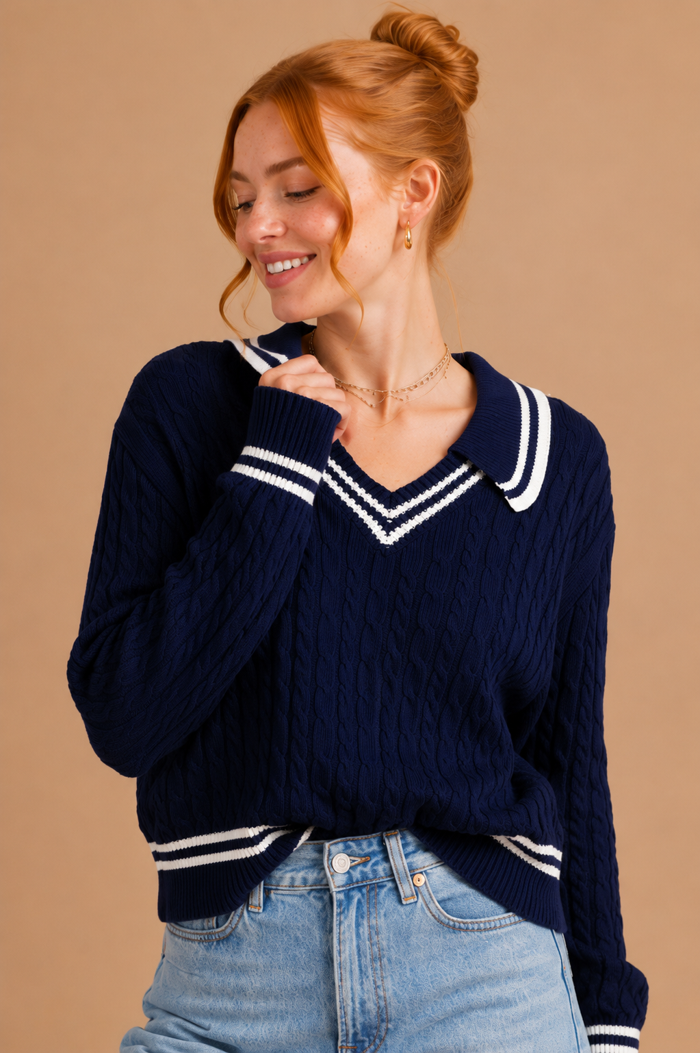 Alicia Coastal Cable Knit Collared V-Neck Sweater