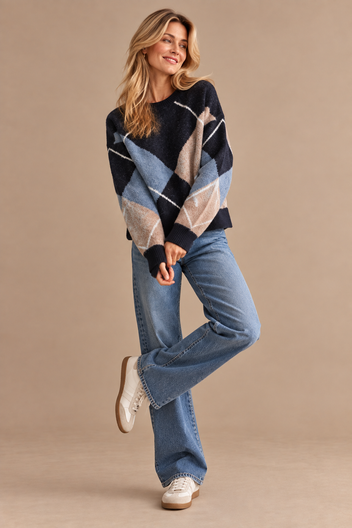Ashley Oversized Argyle Crewneck Sweater