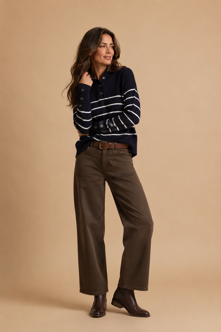 Maeve Striped Half Button Up Sweater Top