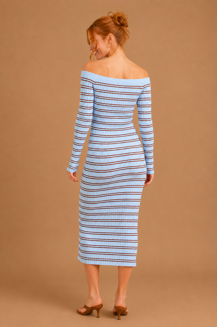 Maelis Striped Knit Off The Shoulder Bodycon Midi Dress