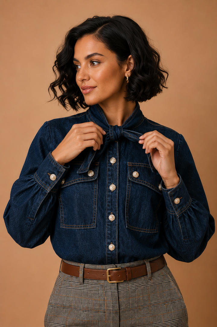 Valerie Tie Neck Button Down Denim Top