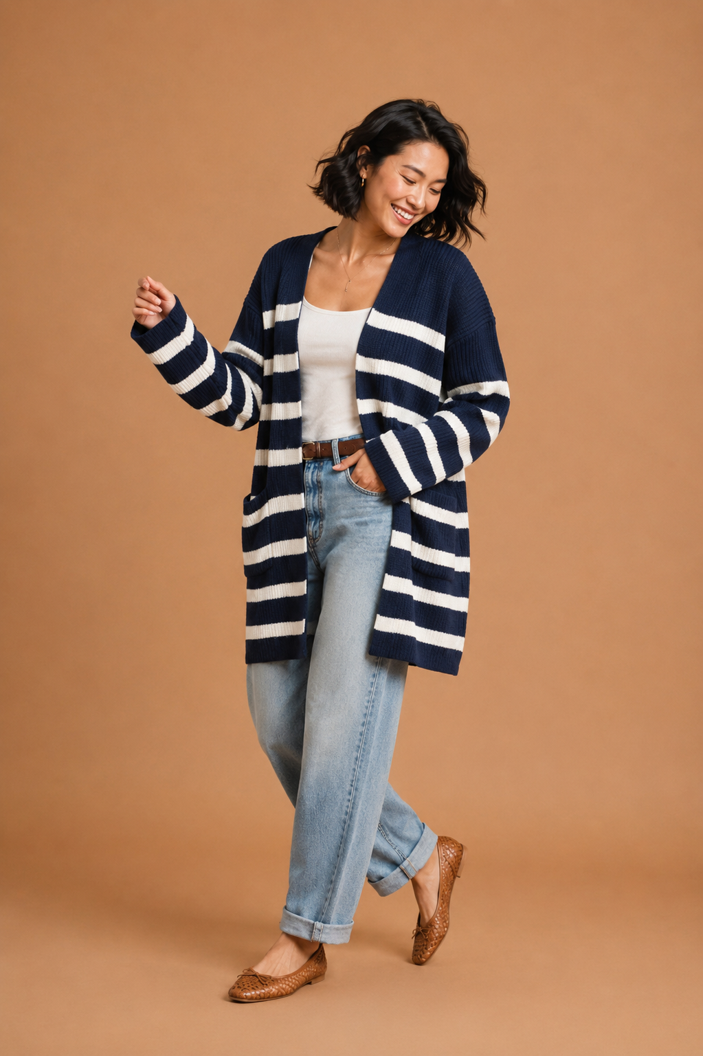 Rory Striped Knit Open Front Midi Cardigan