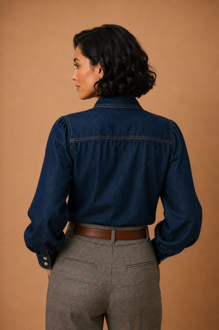 Valerie Tie Neck Button Down Denim Top