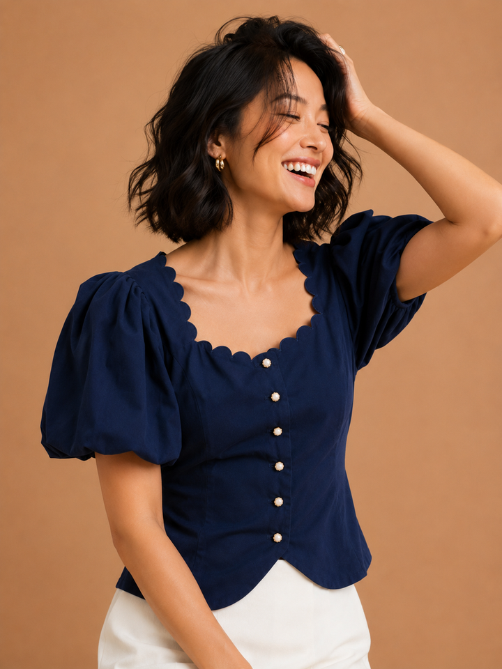 Vivica Puff Sleeve Scallop Square Neck Woven Top