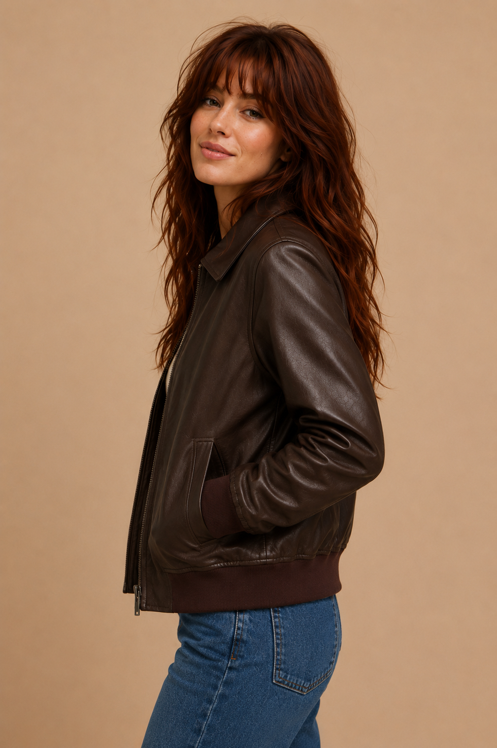 Reina Faux Leather Collared Bomber Jacket