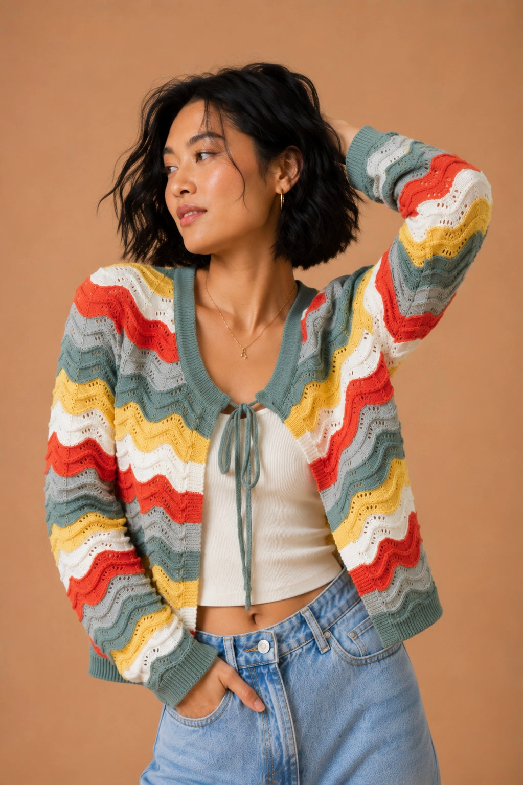 Isla Loose Fit Open Front Wave Striped Cardigan