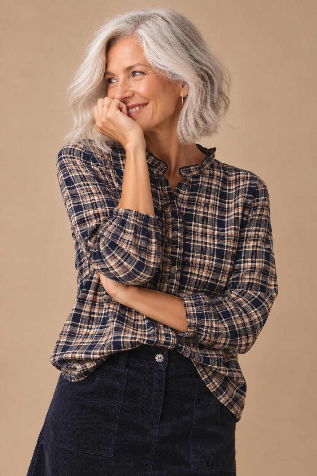 Faith Ruffle Neck Plaid Button Down Shirt