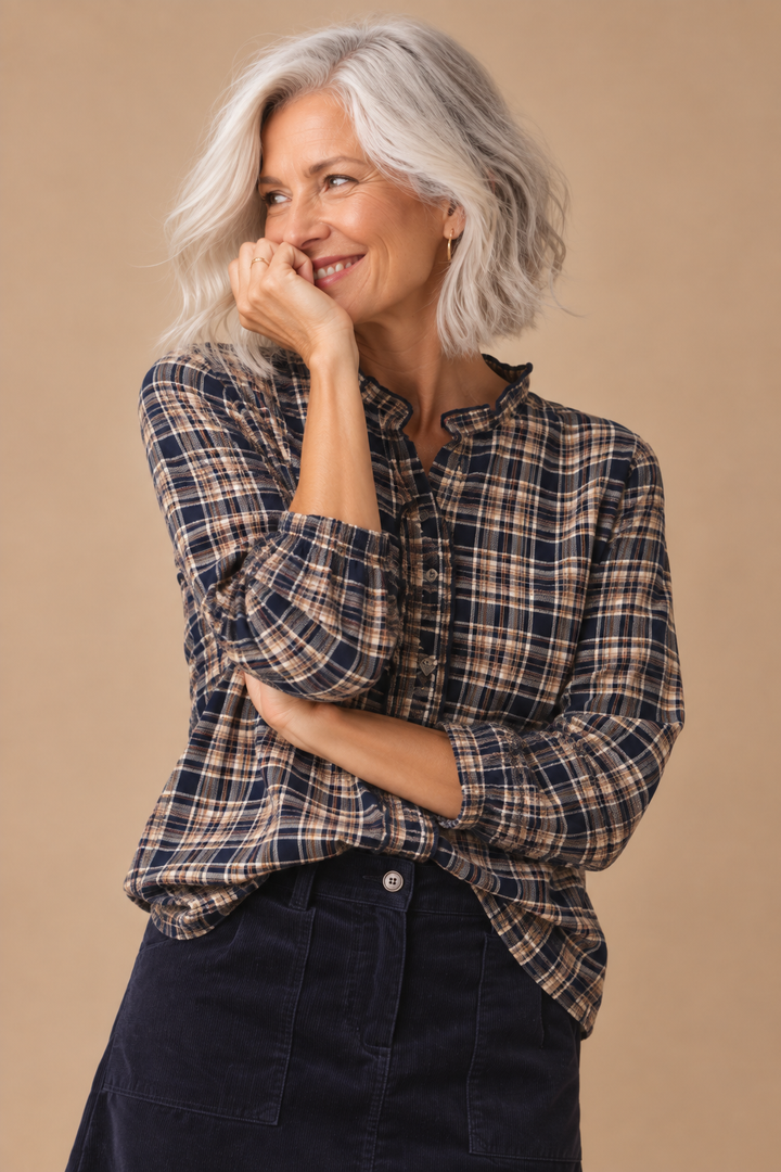 Faith Ruffle Neck Plaid Button Down Shirt