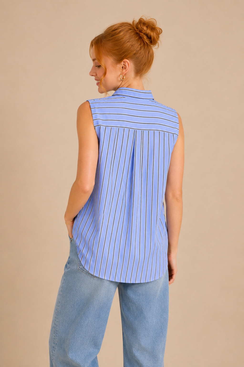 Jade Striped Sleeveless Button Down Shirt
