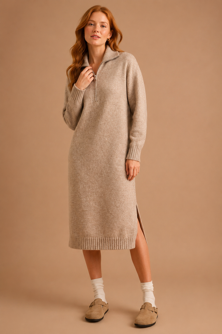 Helena Knit Ribbed Trim Half-Zip Collar Side Slits Midi Sweater Dress