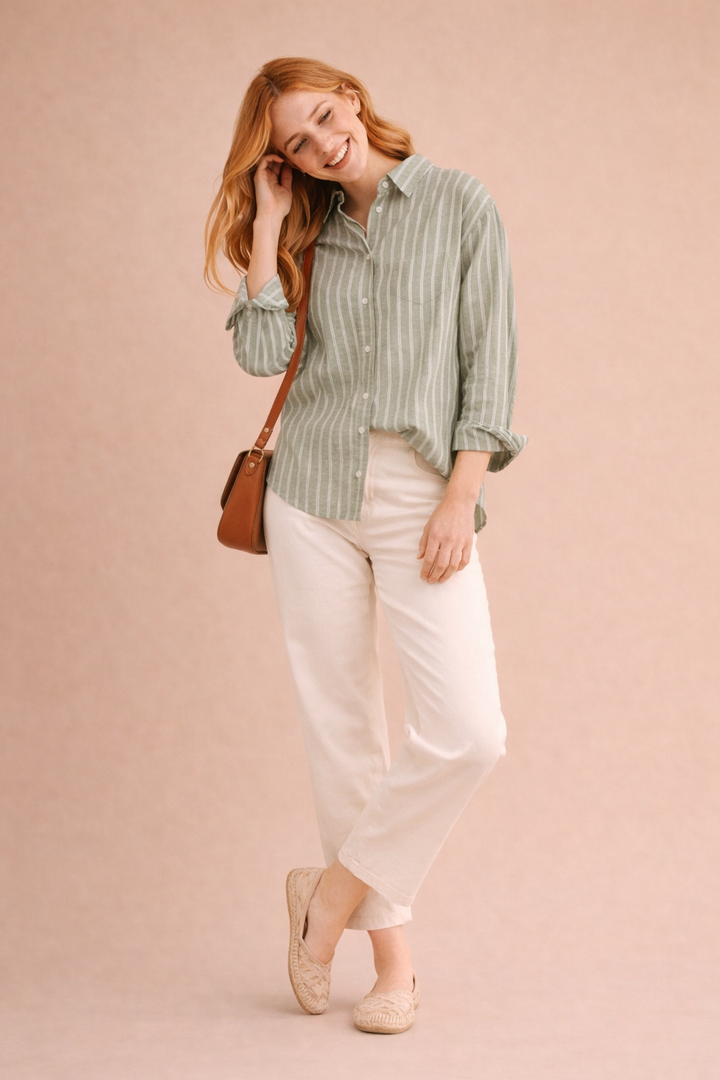 Brielle Striped Button-Up Linen Blend Shirt