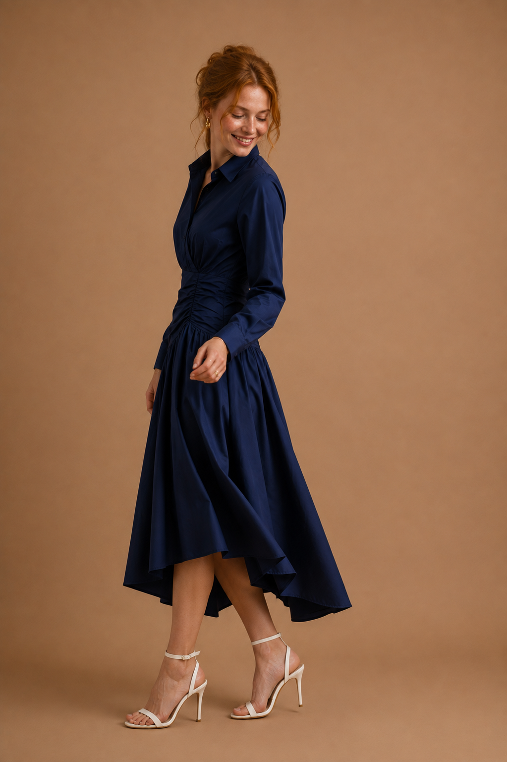 Priscilla Poplin Asymmetric Button Down Shirred Shirt Midi Dress