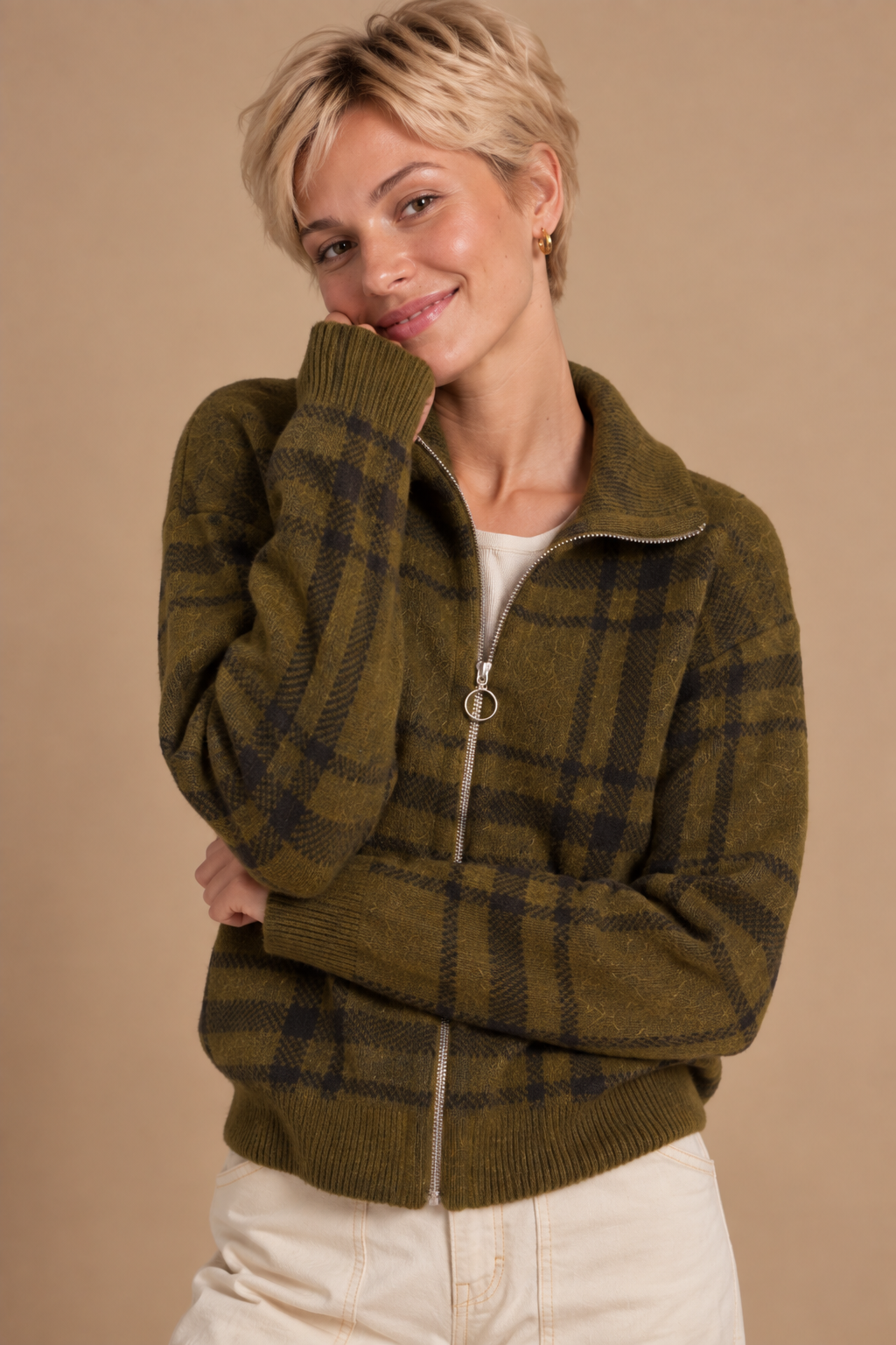 Parker Plaid High Neck Collared Sweater Jacket