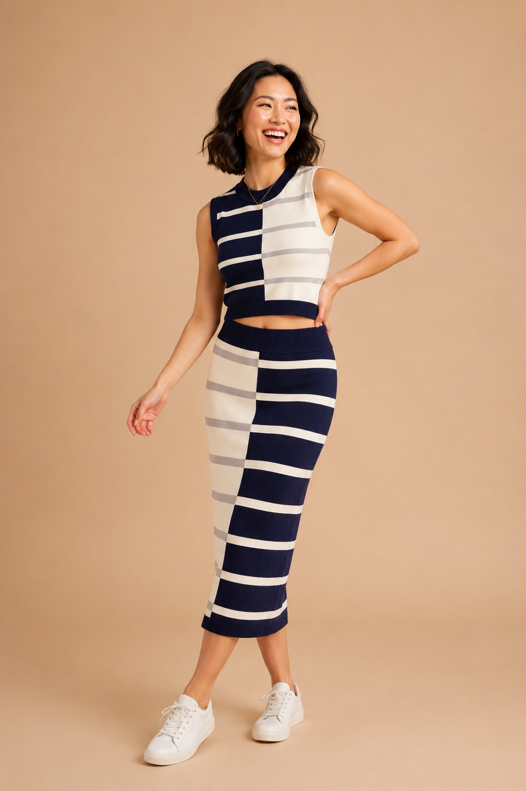 Noemi Coastal Color-Block Striped Knit Midi Skirt