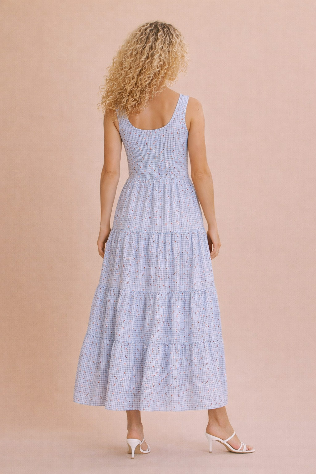 Opal Sweet Cherry Print Smocked Gingham Midi Dress