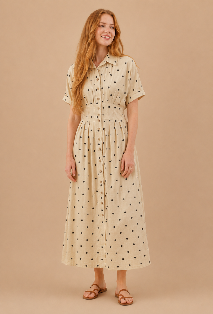 Elodie Polka Dot Pleated Button Front Midi Dress