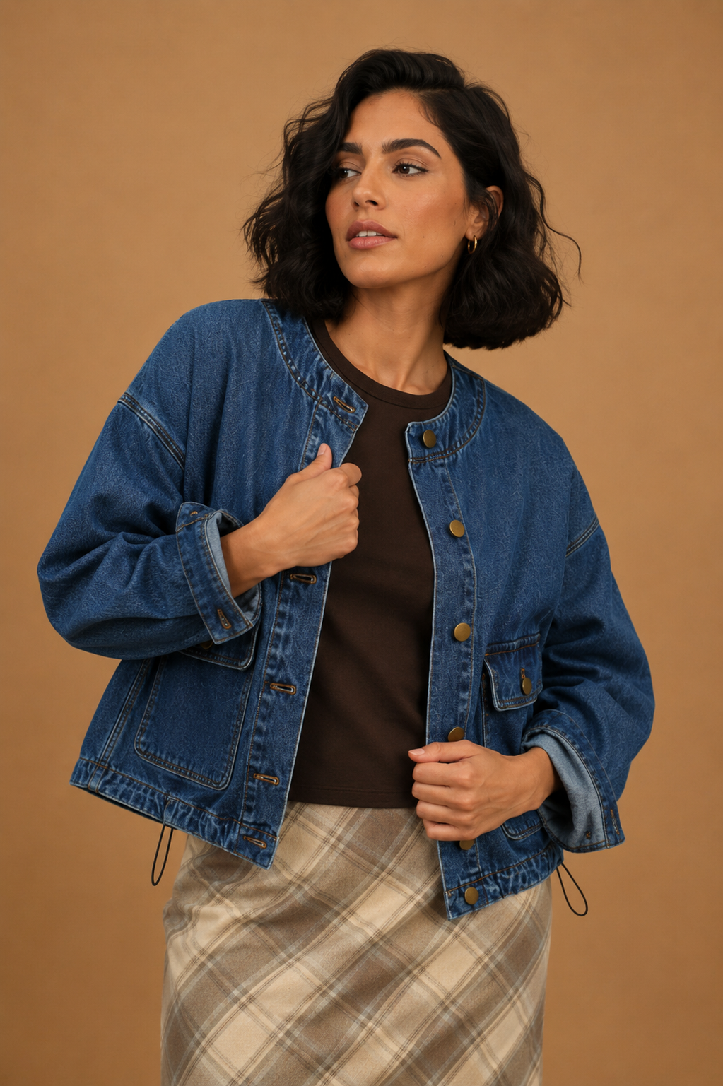 Daphne Round Neck With Pockets Front Denim Jacket