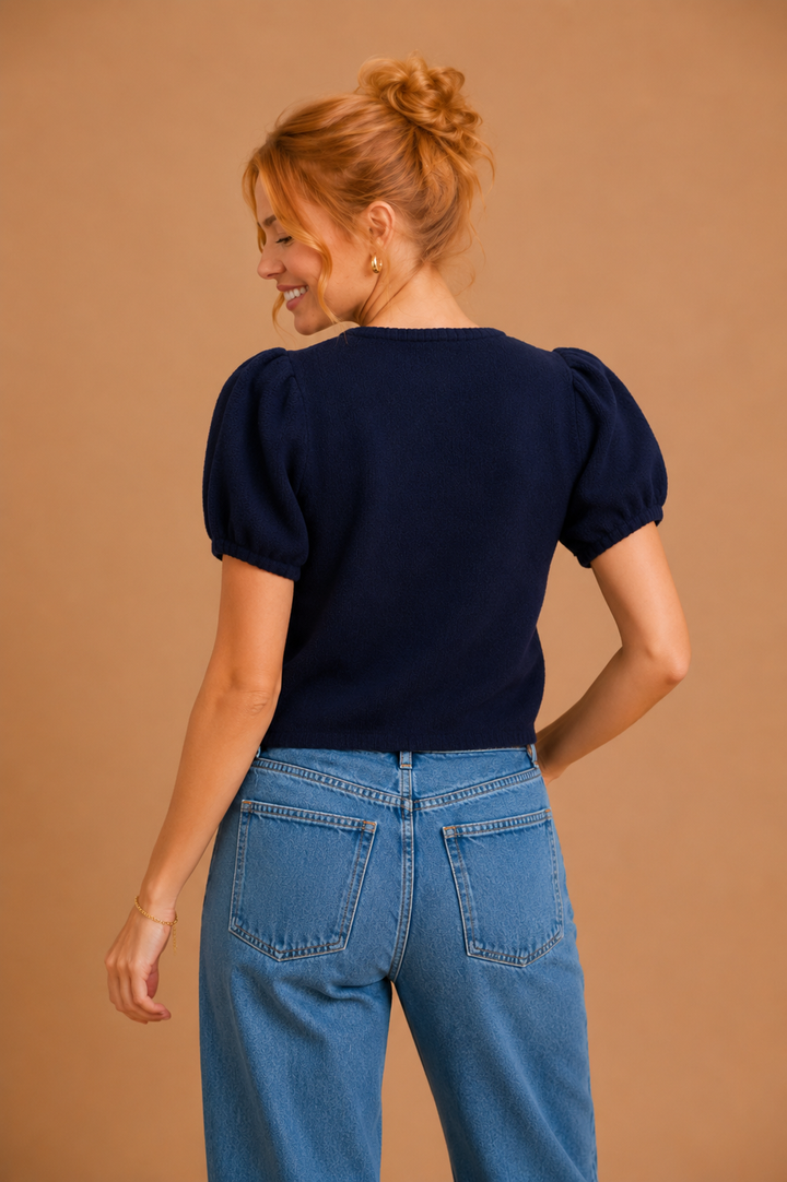 Harper Puff Sleeve Crew Neck Button Down Knit Top