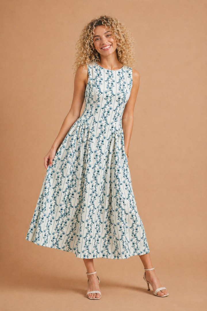 Izzy Floral Print Denim Midi Dress