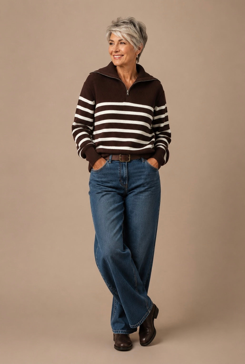 Clara Striped Half-Zip Up Oversized Sailor Collar Knit Sweater Top
