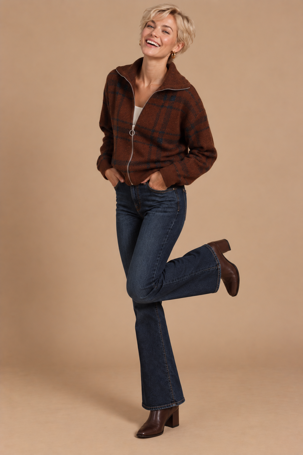 Parker Plaid High Neck Collared Sweater Jacket