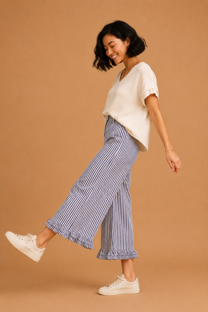 Genevieve Ruffle Hem Accent Stripe Casual Pants
