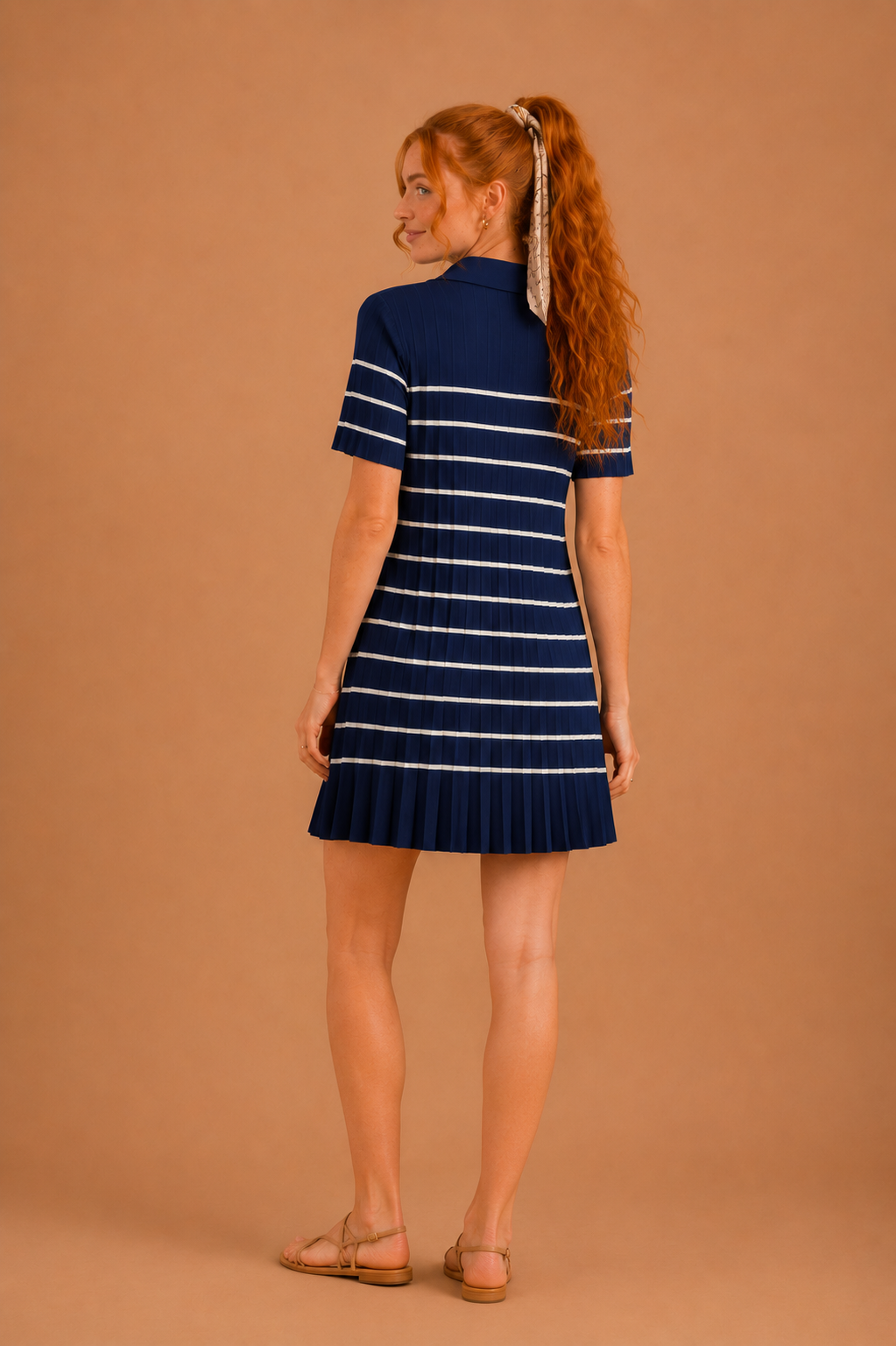 Ava Striped Pattern Pleated Knit Mini Dress
