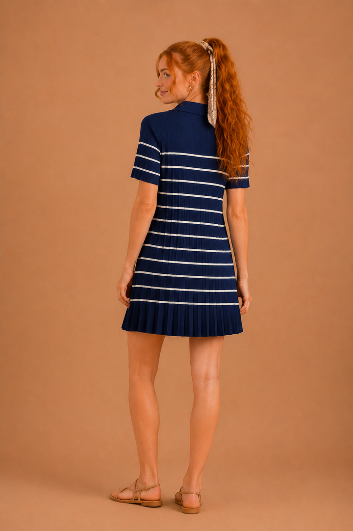 Ava Striped Pattern Pleated Knit Mini Dress