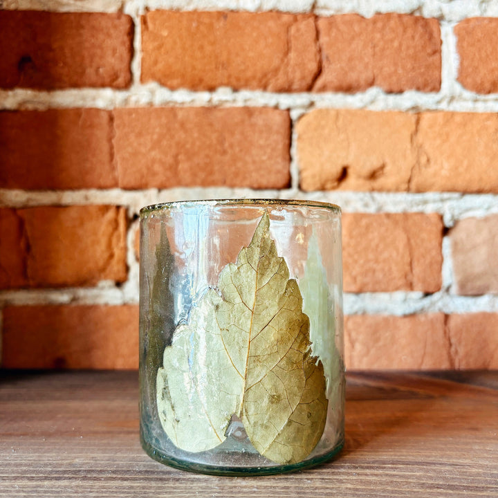 Hand-Blown Glass Votive With Embedded Leaves