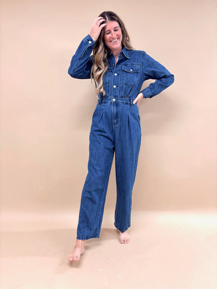 Sawyer Cinched Waist Straight Leg Denim Jumpsuit