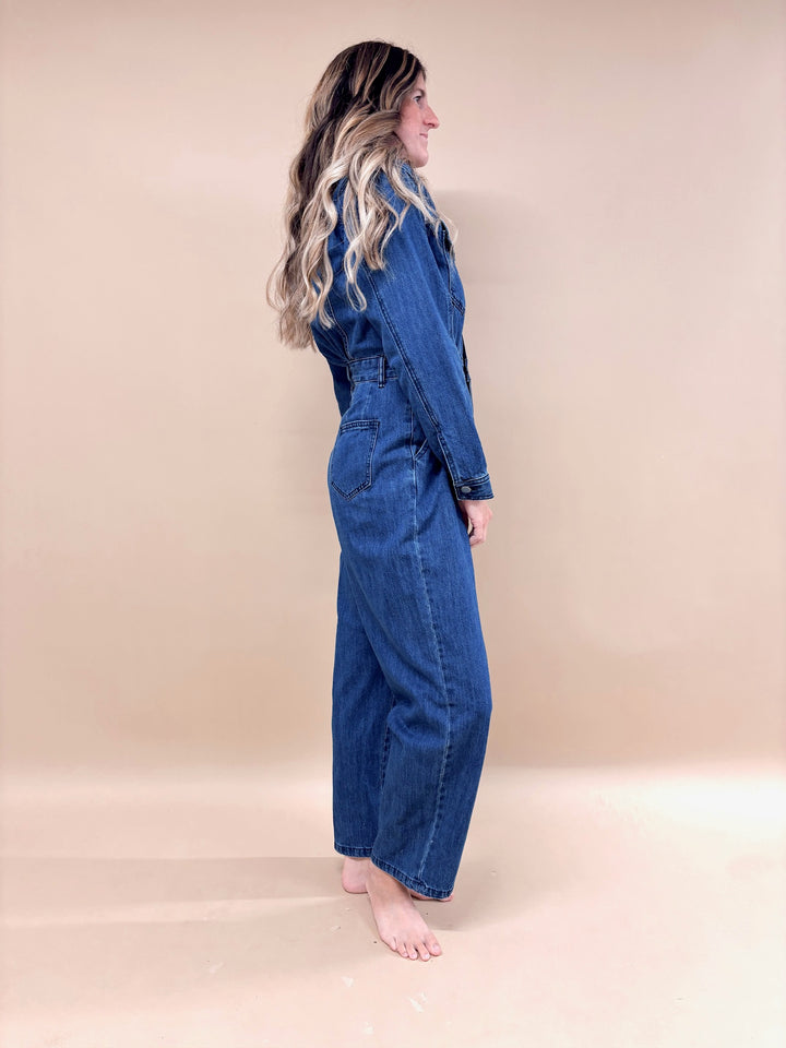 Sawyer Cinched Waist Straight Leg Denim Jumpsuit