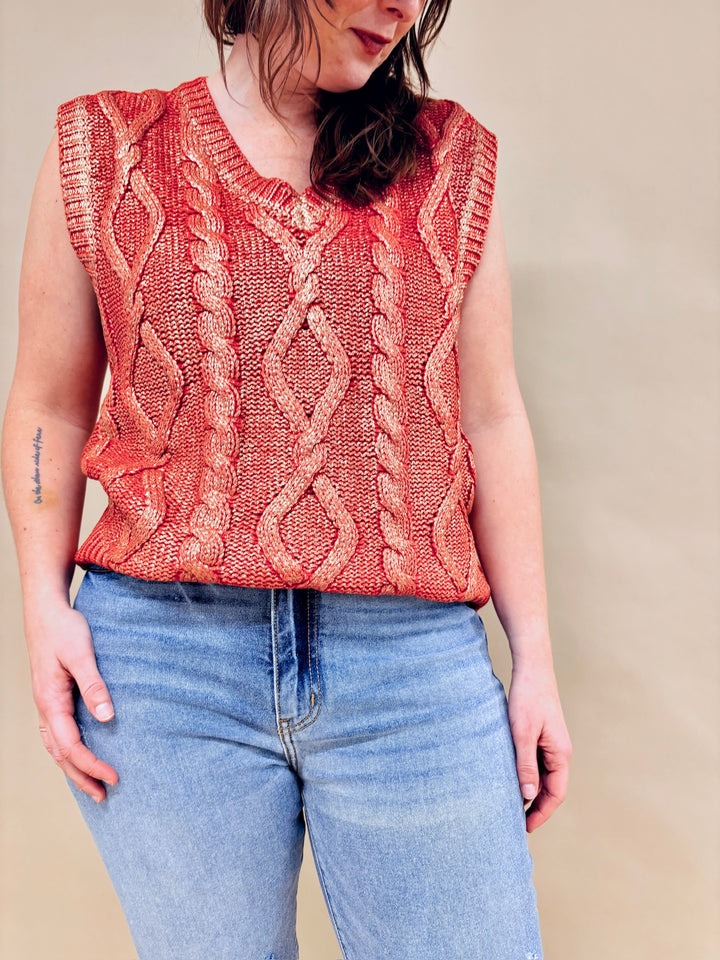 Charlotte Metallic Foil Cable Knit Sweater Vest